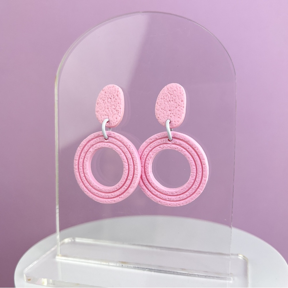 Pink Textured Design Handmade Polymer Clay Dangle Hoop Earrings